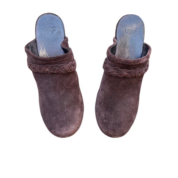 UGG Shearling Lined Suede Clogs Size 7 Wood Heel - Picture 5 of 6